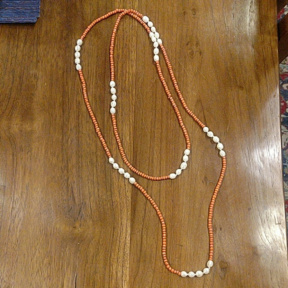 Natural perl and orange glass bead long necklace
